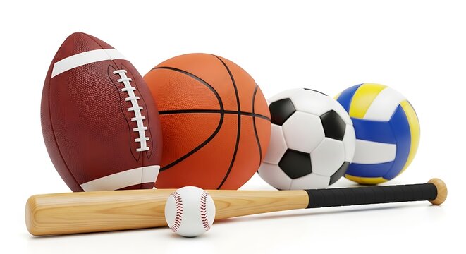Collection of various sports balls and a baseball bat, isolated on white background - Powered by Adobe