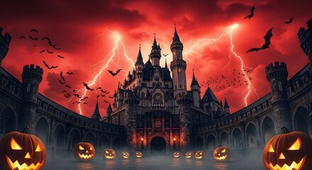A spooky halloween castle with bats flying in the night and pumpkins around