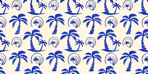 Seamless pattern of blue palm trees and stylized waves on a cream background
