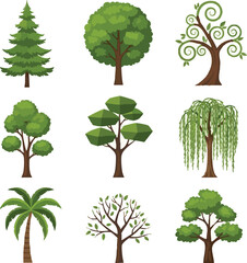 Create kinds of 9 Set of vector Green trees on white Background