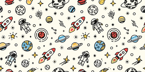 Cute hand drawn space pattern with astronauts rockets planets and stars on a cream background