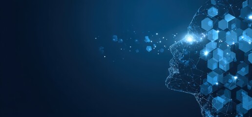 Abstract profile of a person's head, composed of interconnected lines and geometric shapes, against a dark blue background. Subtle light effects highlight the face