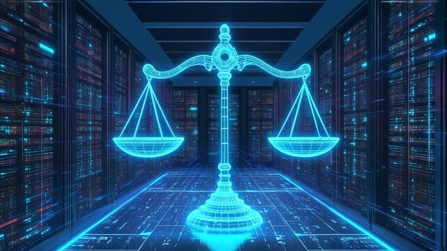 A representation of digital justice is depicted through a holographic scale situated among advanced data servers in a futuristic setting