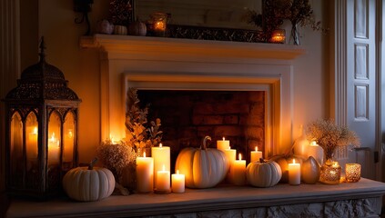 Obraz premium Autumn home decor with glowing white candles and pumpkins on a fireplace, creating a cozy and inviting fall atmosphere in a stylish interior setting