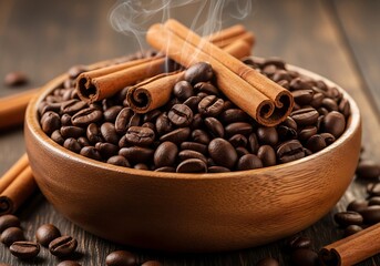 Bowl of coffee beans with cinnamon sticks