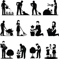 Silhouette illustration of people gardening, planting, watering, and harvesting, including adults and children in various outdoor garden work and nature care activities.