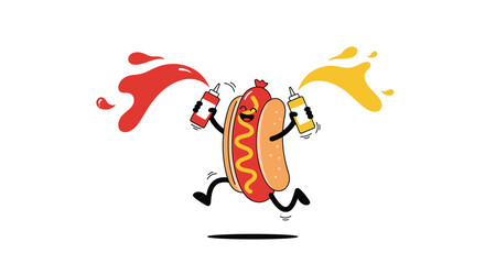 Fototapeta premium Joyful running hot dog with ketchup and mustard splash fun party