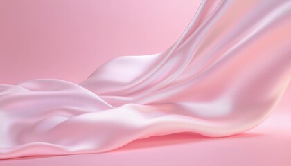 Fototapeta premium Elegant Luxury Silk Fabric Draping In Empty Studio Space: Pastel Satin Cloth Wave Against Pink Backdrop For Makeup And Fashion Display. Premium Brand Mockup Template.