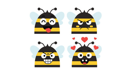 Cute bee faces showing various emotions with love hearts and excitement