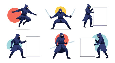 Fototapeta premium Collection of dynamic ninja warrior poses and action scenes