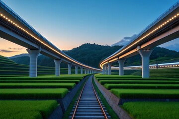 Obraz premium Futuristic elevated railway tracks ascend towards distant mountains at sunset