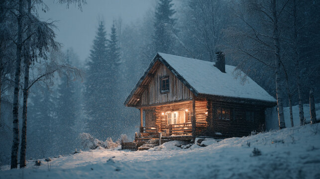 A cozy log cabin glows warmly amidst a snowy winter forest landscape view