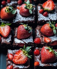 Photos of chocolate cakes with fresh strawberries and delicious frosting, authentic and luxurious style