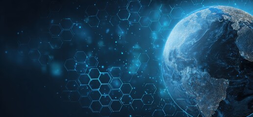 Abstract digital illustration of Earth overlaid with a hexagonal grid network