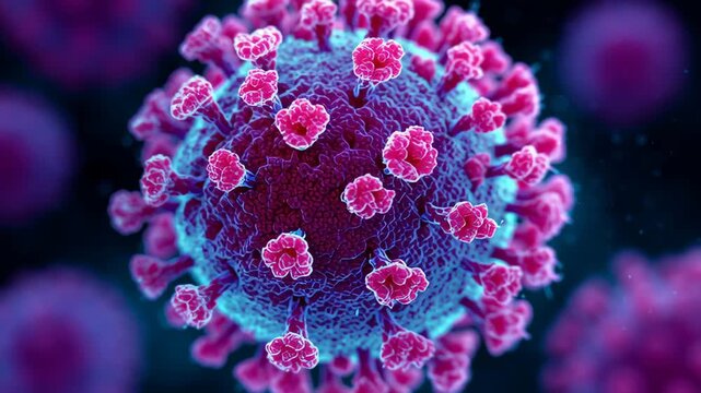 Close-up Visualization of Colorful Virus Structure with Detailed Surface Features and Background Effects