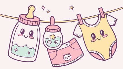 Kawaii baby items hanging on clothesline bottle