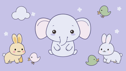 Cute baby animals on lavender background baby elephant