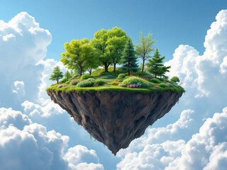 A floating island covered with a dense, tiny forest The island hovers majestically in a clear blue sky, surrounded by soft, fluffy white clouds The forest features a variety