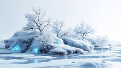 A chunk of icy terrain, featuring frosted trees with delicate frost covering their branches Glowing blue crystals are embedded within the ice, shimmering against a pure whit