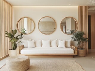 Realistic photo of living room in light and beige tones with minimalist interior