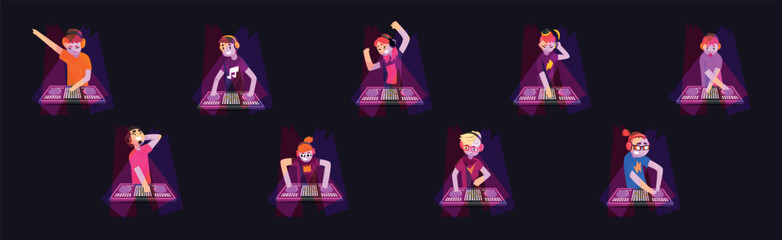 DJ Man and Woman Character with Headphone Mixing Music in Club Vector Set