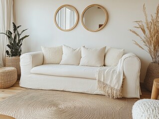 Realistic photo of living room in light and beige tones with minimalist interior