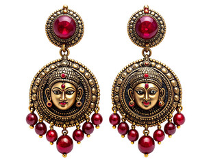 Antique temple design jhumka earrings with goddess engraving and ruby stones, isolated PNG
