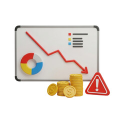 Financial crisis downturn market graph coins and warning sign isolated on transparent background