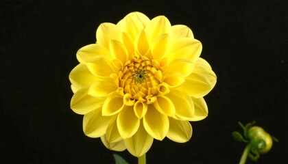 A close-up view showcases a vibrant yellow flower in full bloom against a stark black backdrop. The intricate petal arrangement and the central detail of the flower are in focus, alongside a bud