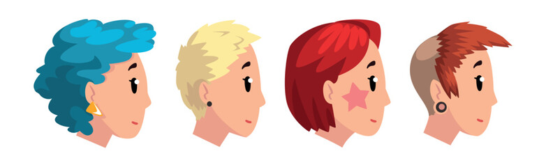 Woman Head Side View with Different Hairstyle Vector Set