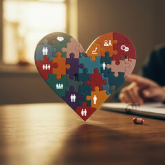 Puzzle pieces unite to form heart, symbolizing love and interconnection, expressing unity and collaboration on wooden table in bright room