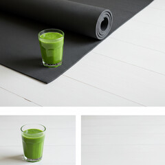 Yoga mat, smoothie, healthy lifestyle, and minimalist background convey sense of well being and balance