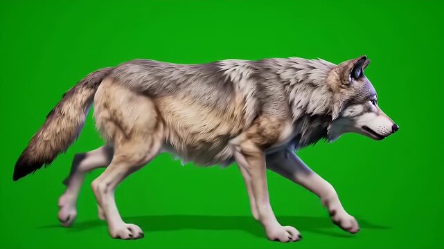 Realistic Gray Wolf Animated Sequence on Green Screen for Digital Compositing Projects