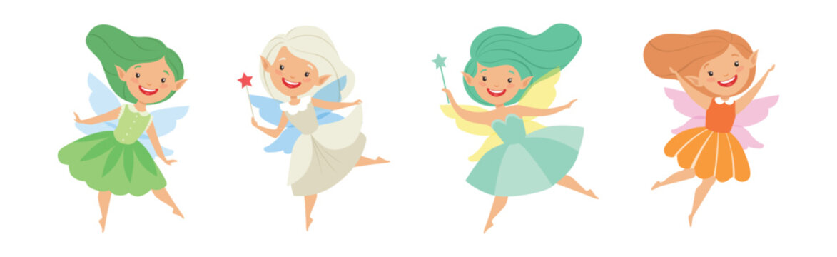 Cute Girl Fairy with Wings and Pretty Dress Vector Set