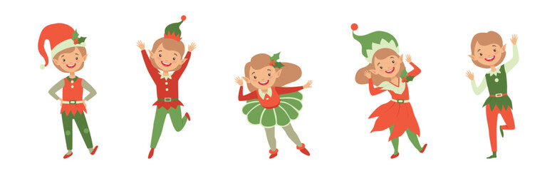 Boy and Girl Elf and Santa Claus Helper Vector Set