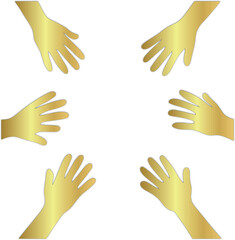 Vector icon showing six stylized hands arranged in a circle, symbolizing unity, teamwork, collaboration, and support. Ideal for nonprofit, diversity, or community-themed designs.