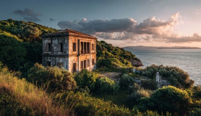 Fototapeta premium Abandoned coastal house at sunset