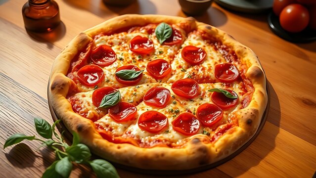 Overhead view of freshly baked pepperoni pizza with melted cheese, embodying comfort food trends and culinary satisfaction, ideal for restaurant marketing and food delivery apps - Powered by Adobe