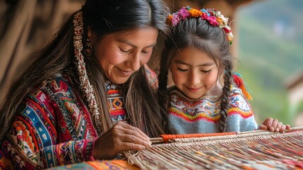A woman teaches a young girl to weave passing on traditional skills and heritage