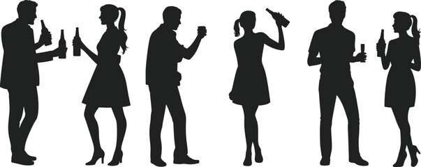 Silhouette Vector Illustration of Men and Women Holding and Drinking Bottles in Social Gathering, Ideal for Party and Lifestyle Concepts