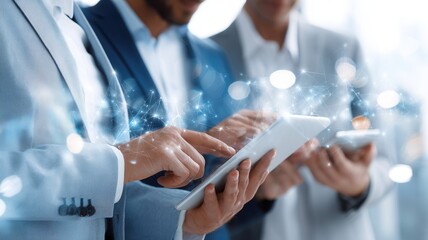 Business colleagues analyzing data on digital tablet, visualizing global network connection office during meeting collaborative