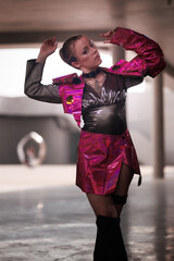 young girl in a bright pink suit in the style of modern and cyber punk