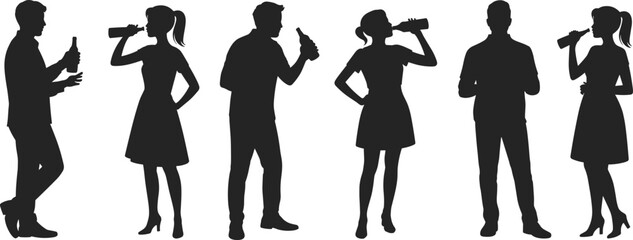 Silhouette Vector of Men and Women Drinking from Bottles in a Social Group Gathering, Suitable for Beverage and Party Designs