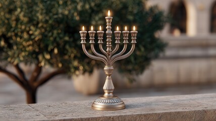 Fototapeta premium Silver menorah with nine burning candles celebrating the jewish holiday of hanukkah, a symbol and tradition faith