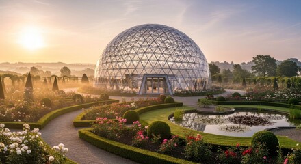Obraz premium Glass dome greenhouse in rose garden at sunrise
