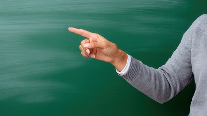 Woman teacher pointing a green chalkboard background, ideal or school related advertisements educational