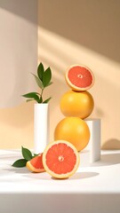 Still life of grapefruit stacked on white pedestals, with leaves and slices