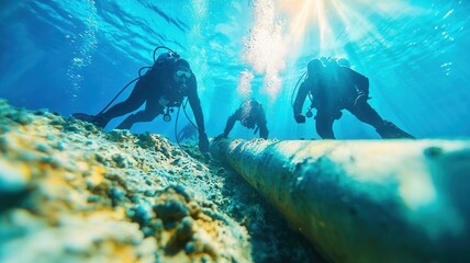 Commercial divers examining submarine pipeline underwater, highlighting marine engineering complexity against deep blue professional with oceanic backdrop precision