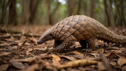 Obraz premium A Detailed Close-Up of a Pangolin Walking on a Forest Floor Covered in Dry Leaves, Highlighting its Unique Scaly Armor and Distinctive Features in a Natural Environment