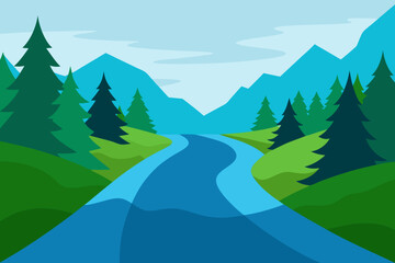 Winding blue river flows through green hills and pine trees towards distant mountains